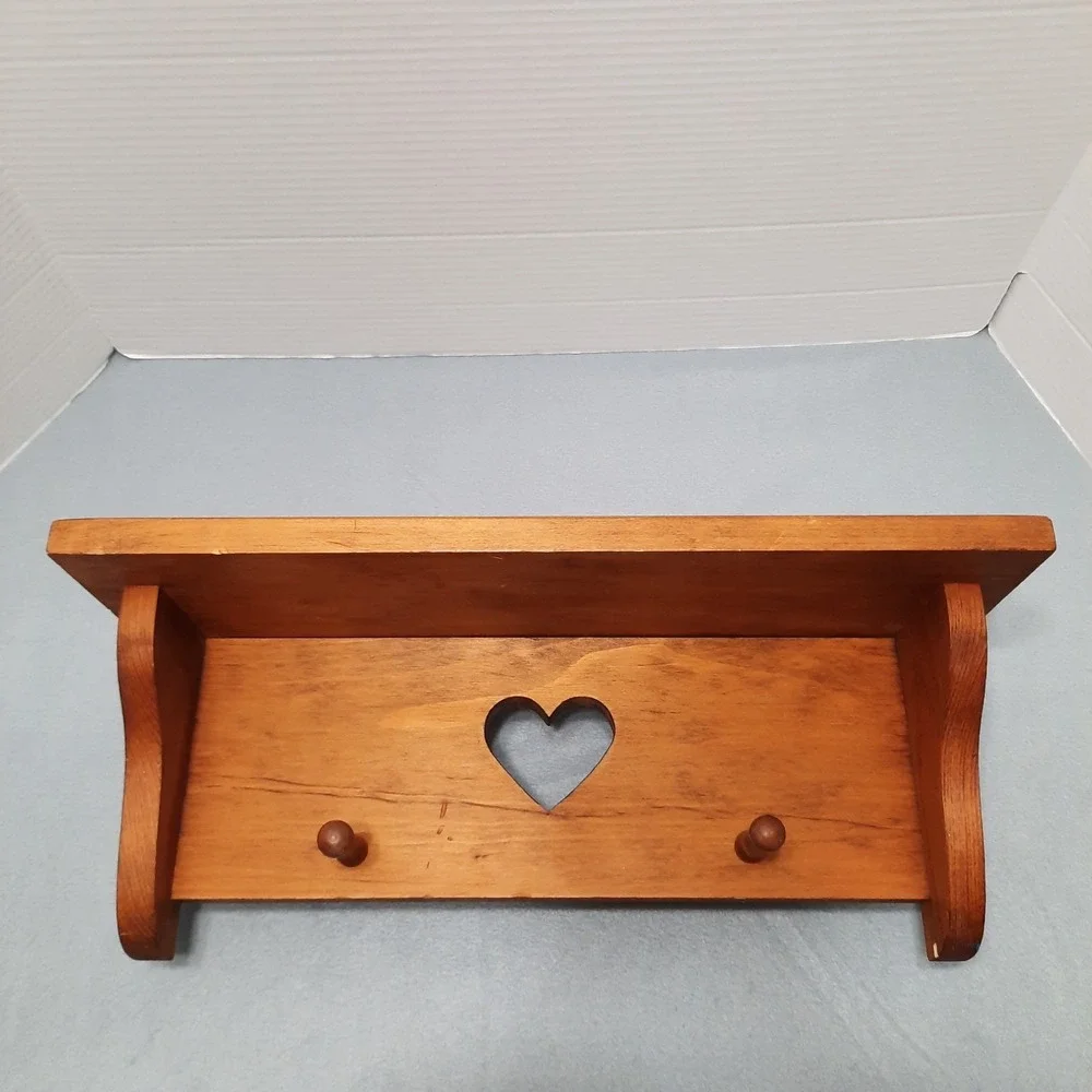 Vintage Wooden Wall Shelf Heart Cutout 2 Pegs Cottagecore Country Farmhouse 18
